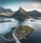 The stunning Fredvang bridges in Lofoten Islands, Norway seen from a drone aerial. They connect the fishing village of