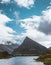 The stunning Fredvang bridges in Lofoten Islands, Norway seen from a drone aerial. They connect the fishing village of