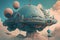 Stunning Generative AI illustration of fantastical surreal sci-fi floating city with beautiful pastel colouring and futuristic