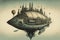 Stunning Generative AI illustration of retro futuristic dirigible style floating city with wonderful pen and ink hand drawn style
