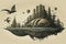 Stunning Generative AI illustration of retro futuristic dirigible style floating city with wonderful pen and ink hand drawn style