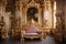 A stunning gold and pink couch takes center stage in this elegant and opulent room, An ornate royal palace interior with gold