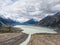 Stunning high angle aerial drone view of Tasman Lake, a proglacial lake formed by the recent retreat of the Tasman Glacier