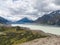 Stunning high angle aerial drone view of Tasman Lake, a proglacial lake formed by the recent retreat of the Tasman Glacier