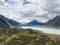 Stunning high angle aerial drone view of Tasman Lake, a proglacial lake formed by the recent retreat of the Tasman Glacier