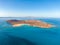 Stunning high angle panoramic aerial drone view of Isla de Lobos, a small uninhabited island near Fuerteventura