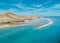 Stunning high aspect aerial panoramic view of the beautiful beach, lagoon and sand dunes at Sotavento on Fuerteventura
