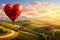 A stunning hot air balloon gliding gracefully through the air, above a vibrant and picturesque green countryside, A heart balloon