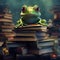 Stunning illustration of green frog, a green frog on a stack of books, illustration with frog true