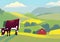 Stunning Illustration of Peaceful Green Country Scene with Grazing Cow and Clear Sky