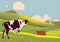 A Stunning illustration of a peaceful, green country scene with a grazing cow and a clear sky