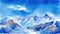 A stunning illustration of towering mountain peaks covered in a thick blanket of snow, with a bright blue sky and crisp