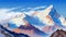 A stunning illustration of towering mountain peaks covered in a thick blanket of snow, with a bright blue sky and crisp