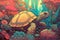 Stunning illustration of a turtle with floral ornaments. Multicolored surreal elements.