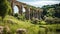 This stunning image captures the beauty of a large stone bridge stretching over a lush green field, An ancient aqueduct in a lush