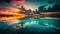 This stunning Image captures the dramatic beauty of a sunset as the sky is mirrored in the clear waters below . Generative AI