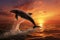A stunning image of a dolphin gracefully leaping out of the water against a vibrant sunset backdrop, A playful dolphin leaping out