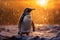 Stunning image of a Penguin on the sea ice in the Antarctica at sunset. Amazing Wildlife. Generative Ai