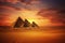 A stunning image of three pyramids standing tall in the desert against a breathtaking sunset backdrop, Ancient pyramids of Giza