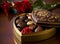 Stunning Image of a Wooden Table Set with Chocolates and Flowers for a Valentines Day Celebration. Ai generated art