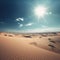A stunning Islamic desert landscape featuring towering sand dunes and endless blue sky