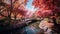 Stunning Japanese-inspired Spring Park With Red Trees And Bridge