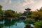 Stunning Japanese pagoda situated in the Fukushuen Garden in Naha, Okinawa, Japan