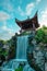 Stunning Japanese pagoda situated in the Fukushuen Garden in Naha, Okinawa, Japan