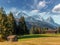 Stunning landscape at Alpine valley. Awesome sunny day in the Bavarian Alps with perfect sky under sunlit. Incredible European
