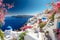 Stunning landscape of Santorini with whitewashed houses and blue churches