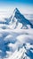 A stunning landscape of a snow-covered mountain peak rising above the clouds, contrasted by a clear blue sky