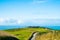 The stunning landscape of the way in a rural area in New Zealand. Gravel road among green grassland with blue sky. I