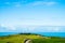 The stunning landscape of the way in a rural area in New Zealand. Gravel road among green grassland with blue sky. I