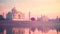 A stunning large white building stands gracefully beside a shimmering body of water, Majestic Taj Mahal on a foggy morning, AI