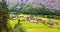 Stunning Lauterbrunnen valley rural view from Trummelbachfall Waterfall, Lauterbrunnen, Bernese Oberland, Switzerland, Europe