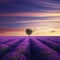 Stunning lavender field landscape Summer sunset with single tree