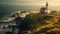 A stunning lighthouse perched atop a rugged cliff, offering breathtaking views of the vast ocean, A remote lighthouse home on a