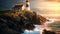 A stunning lighthouse standing atop a rugged cliff overlooking the vast ocean waves, A remote lighthouse home on a rugged coast,