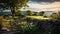 Stunning Lincolnshire Landscape: Stone Wall, Plants, And Flowers At Sunset