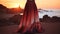 Stunning Maxi Skirt: Dark Crimson Dress With Beach Sunset Background