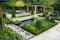 stunning modern garden with elegant water features and stone paths