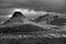 Stunning monochrome landscape of tall mountain peaks in a remote desert area in Arizona