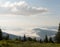 Stunning morning landscape view of the fog river flowing by the valley between the mountains. Mala Fatra mountains, Slovak