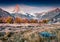 Stunning morning view of Grindjisee lake with Matterhorn / Cervino peak on background. Fantastic autumn sunrise in Swiss Alps, Zer