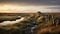 Stunning Morning View: Marsh With Lined Stone Fence On English Moors