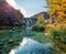 Stunning morning view of pure water waterfall in Plitvice National Park. Great autumn sunrise in Croatia, Europe. Abandoned places