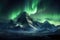 A stunning mountain landscape illuminated by shimmering green and purple lights, The tallest mountain in the world at night with