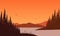 Stunning Mountain views from the riverbank at sunset in the afternoon with the silhouettes of pine trees around. Vector