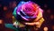 A stunning multicolored rose, adorned with delicate dew drops, captivates in an enchanting close-up view. Ai Generated