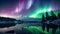 The stunning natural phenomenon of the Aurora Borealis is reflected on the calm surface of the water, creating a captivating